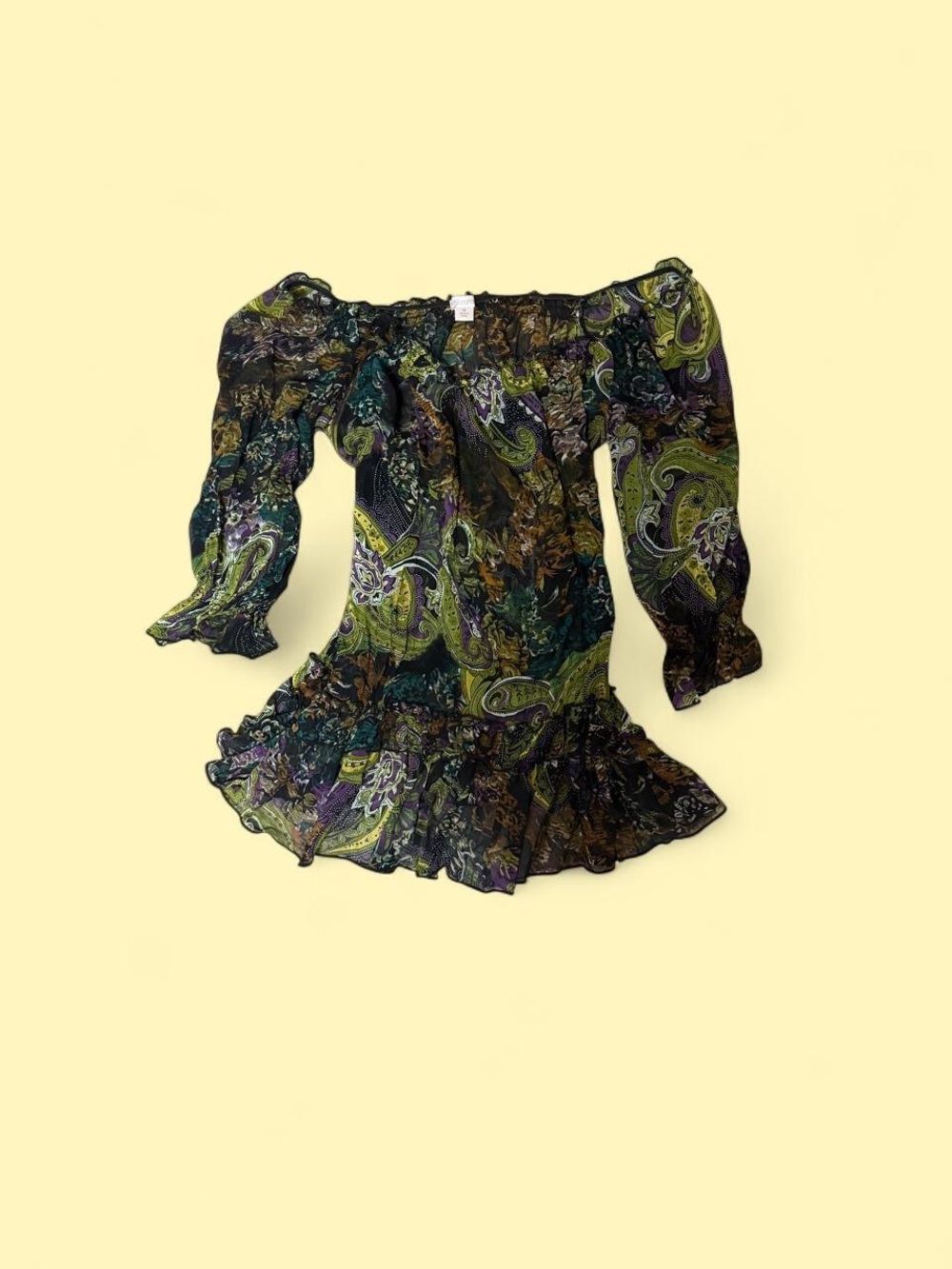 Xhilaration Off-Shoulder Paisley Blouse in Green, Purple and Black